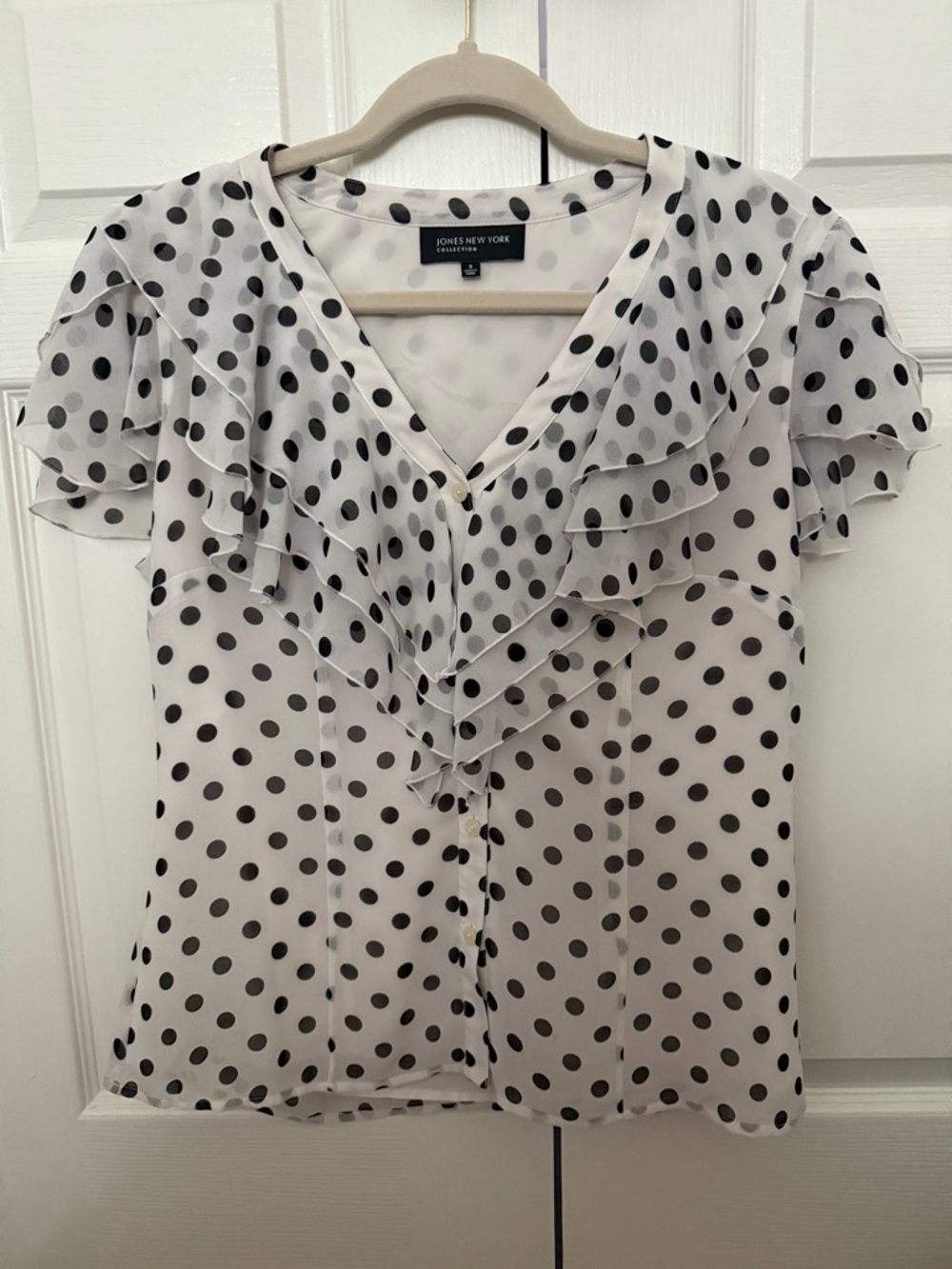 Jones New York Black Polka Dot Ruffle V-Neck Blouse